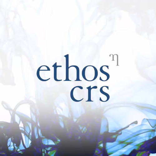 Ethos CRS logo with blue ink in background